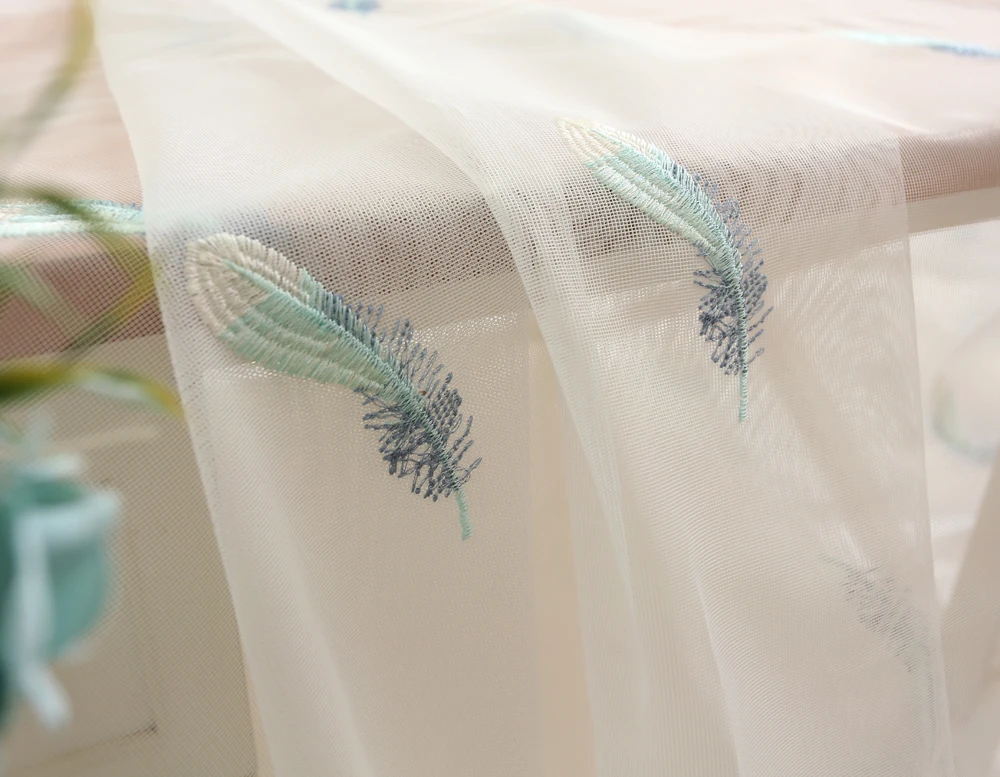 Feather Mesh Fabric Embroidered Tulle Curtains Living Room White Curtain Bedroom Bay Window Reday Made Curtain P056D3