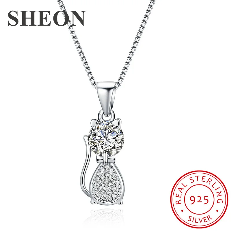 

SHEON Cute Cat Necklace Authentic 100% 925 Sterling Silver Animal Zircon Necklaces & Pendants For Women Sterling Silver Jewelry