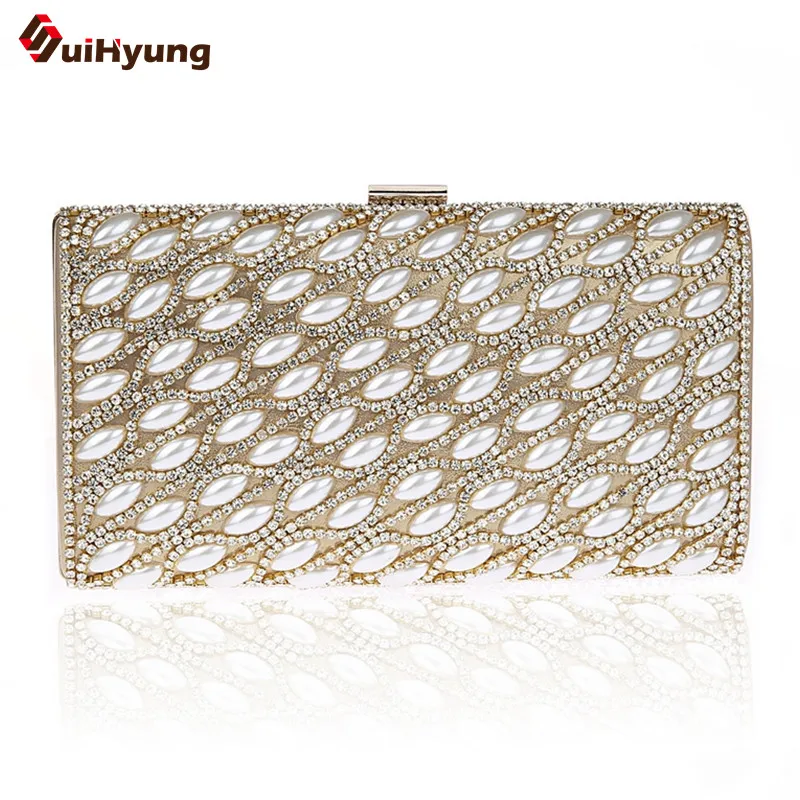 

2016 New Women's Hard Case Clutch Fashion Pearl Diamond Stitching Evening Bag Wedding Party Bridal Handbag Chain Shoulder Bag