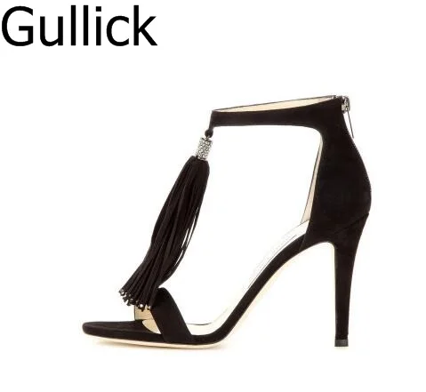 

Fashion Solid Color Black Open Toe Ankle Strap Sandals Summer Back Zipper Fringe Decoration Cover Heel Shoes Free Shipping