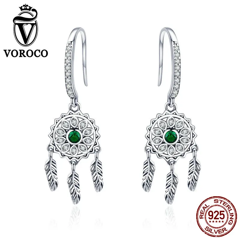 VOROCO 100% Real 925 Sterling Silver Bohemia Dream Green CZ Catcher Drop Earrings Women Vintage Fine Jewelry Gift Brincos BKE441