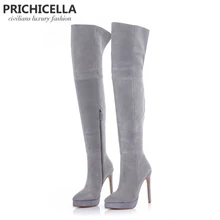 PRICHICELLA/сапоги для верховой езды на высоком каблуке-шпильке 14 см из серой замши на платформе; Сапоги выше колена; size34-42