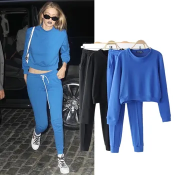 

2019 Real Tracksuits Full Solid Sale Cotton Acrylic Casual Broadcloth Spring Sweatershirt 2 Suit Crewneck + Pants Two Female