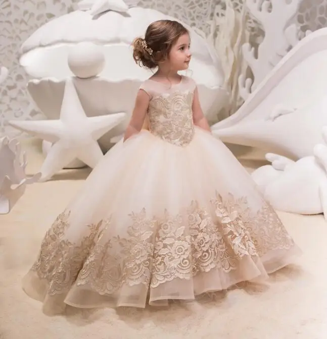 

Champagne Lace Flower Girl Dresses Sleeveless Ball Gown Kids Evening Gown vestido comunion Prom Dresses for Girls