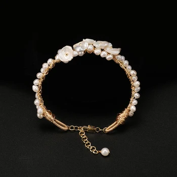 

Shuangsheng Natural Fresh Water Baroque Pearl women's Bracelets Shell flower hand winding Adjustable Bracelets wedding Bangle
