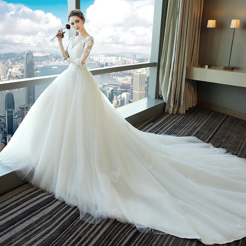 Fansmile, длинный шлейф, Vestido De Noiva, кружевные платья, свадебные платья, рукава, на заказ, размера плюс, свадебное Тюлевое платье для свадьбы, FSM-540T