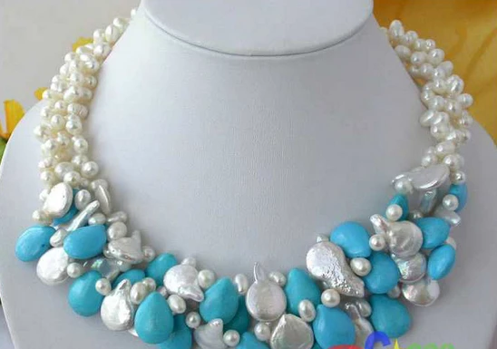 

huij 001272 3ROW 14mm WHITE PEARL NATURE DRIP turquoise NECKLAACE