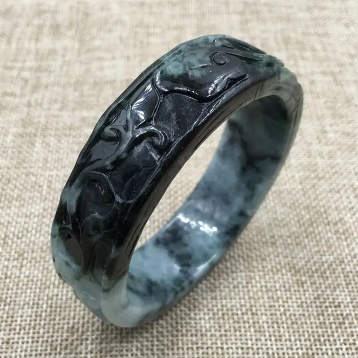 

60mm Vintage Chinese Hand-carved Black Green Jadeite Jade Bracelet Bangle 752
