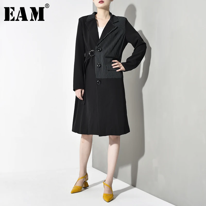 

[EAM] Women Black Striped Bandaeg Trench New Lapel Long Sleeve Loose Fit Windbreaker Fashion Tide Autumn Winter 2019 JR1300