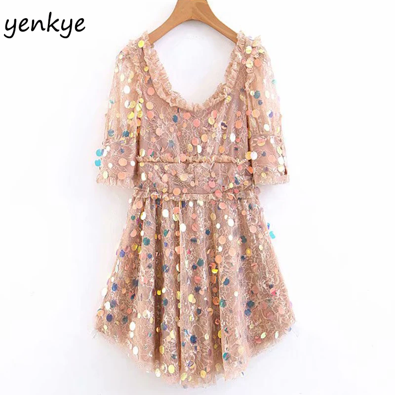 

Fashion Brand Women Pink Lace Sequin Dress Female Short Sleeve A-line Mini Party Sexy Dress Summer 2019 vestido LJPZ8882