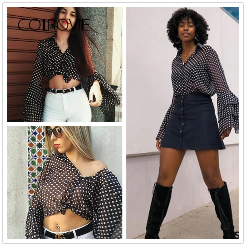 COLROVIE Black Tiered Ruffle Dot Print Elegant Blouse Shirt Women 2018 Long Sleeve Work Blouse Sexy Women Tops And Blouses