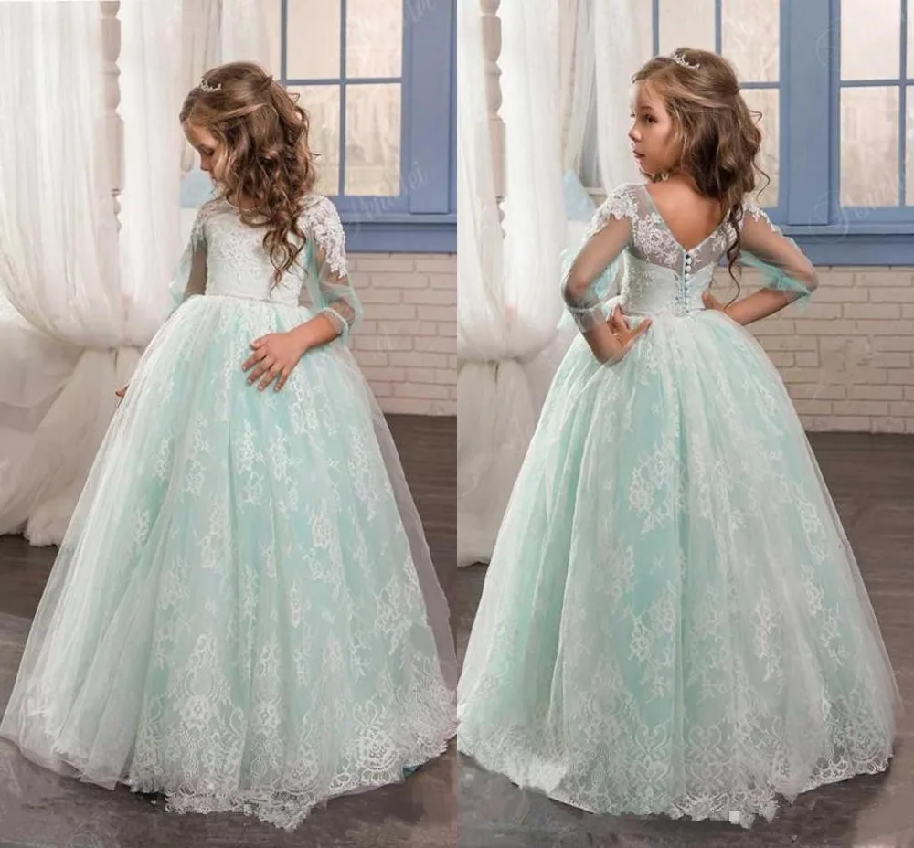 2017 Mint Green Flower Girl Dresses O Neck Three Quarter Sleeve Lace Floor Length Girls Birthday Dress graduation gowns children | Свадьбы и