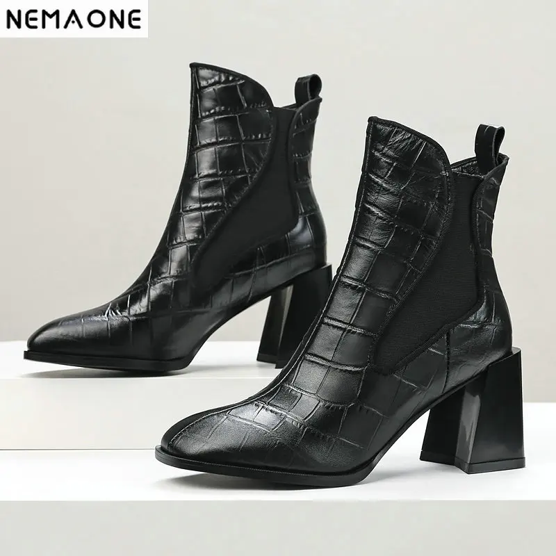 

NEMAONE Promotional Winter Autumn Women Boots Platforms Square Heel Ankle Boots Cow Leather Motorcycle Lady Ladies Shoes