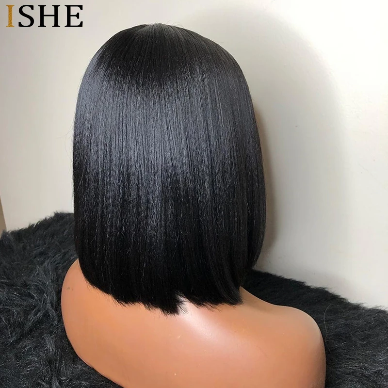 Yaki Peruca de Cabelo Humano Curto Bob Yaki em Linha Reta Dianteira do Laço Perucas de Cabelo Humano com o Cabelo do Bebê 13x6 Profundo Parte Dianteira do Laço Perucas Remy 6 Yaki peruca de cabelo humano curto bob