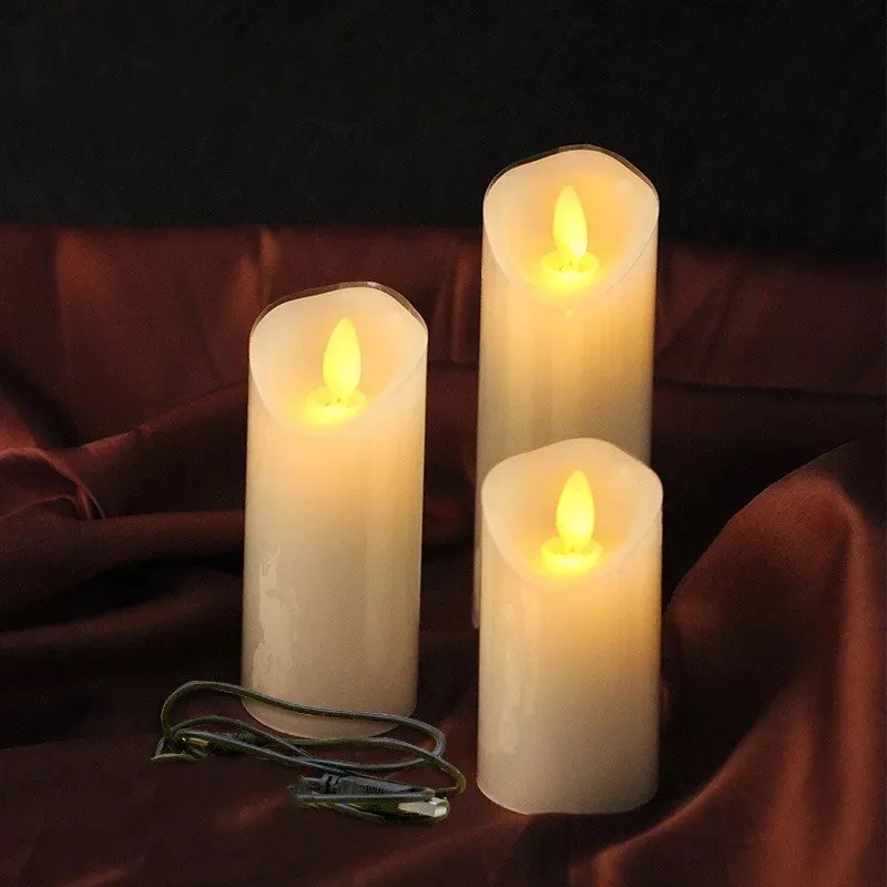 

set of 3 USB powerd Rechargeable led flickering pillar paraffin candle wavy edge moving wick Wedding Party decor 12.5-15-18CM(H)
