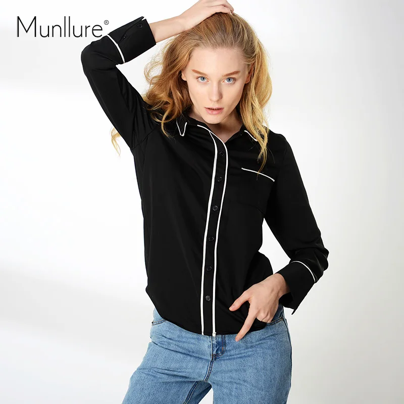 

Munllure 2018 New Spring Black Top Women Long Sleeve Women Blouses Shirts Pajama Style Womens Tops and Blouses
