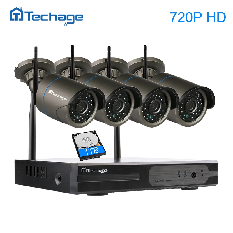 Techage Plug and Play 4CH 1080P HD Wireless NVR Kit P2P 720P Indoor Outdoor IR Night