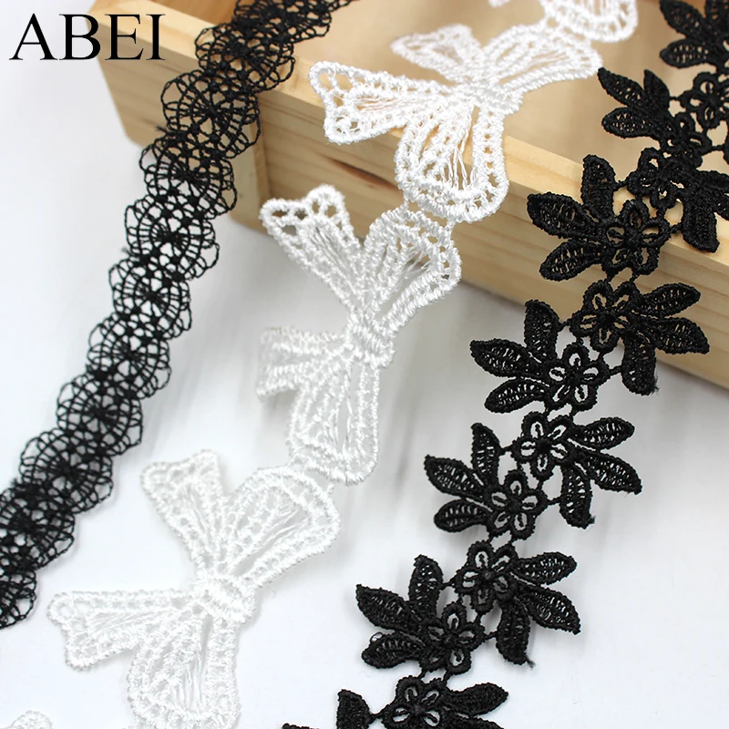 

5yards/lot Black flower Lace Trims White Bow Embroidery Polyester Lace Ribbon Diy Sewing Garments Hometexile Fabric Ornaments