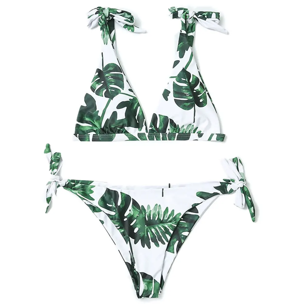 Women High Waist Bikini Set Summer Push Up Chest Split Floral Print Bathing Bandage Beach Swimsuit Sexy Padded Swimwear Bow Knot |