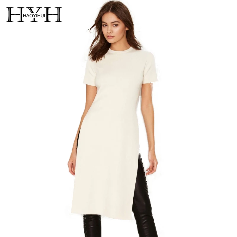 

HYH HAOYIHUI Solid 2 Colors Women Crew Neck Short Sleeve Side Split Casual Tops Brief Streetwear Elegant Long T-shirts