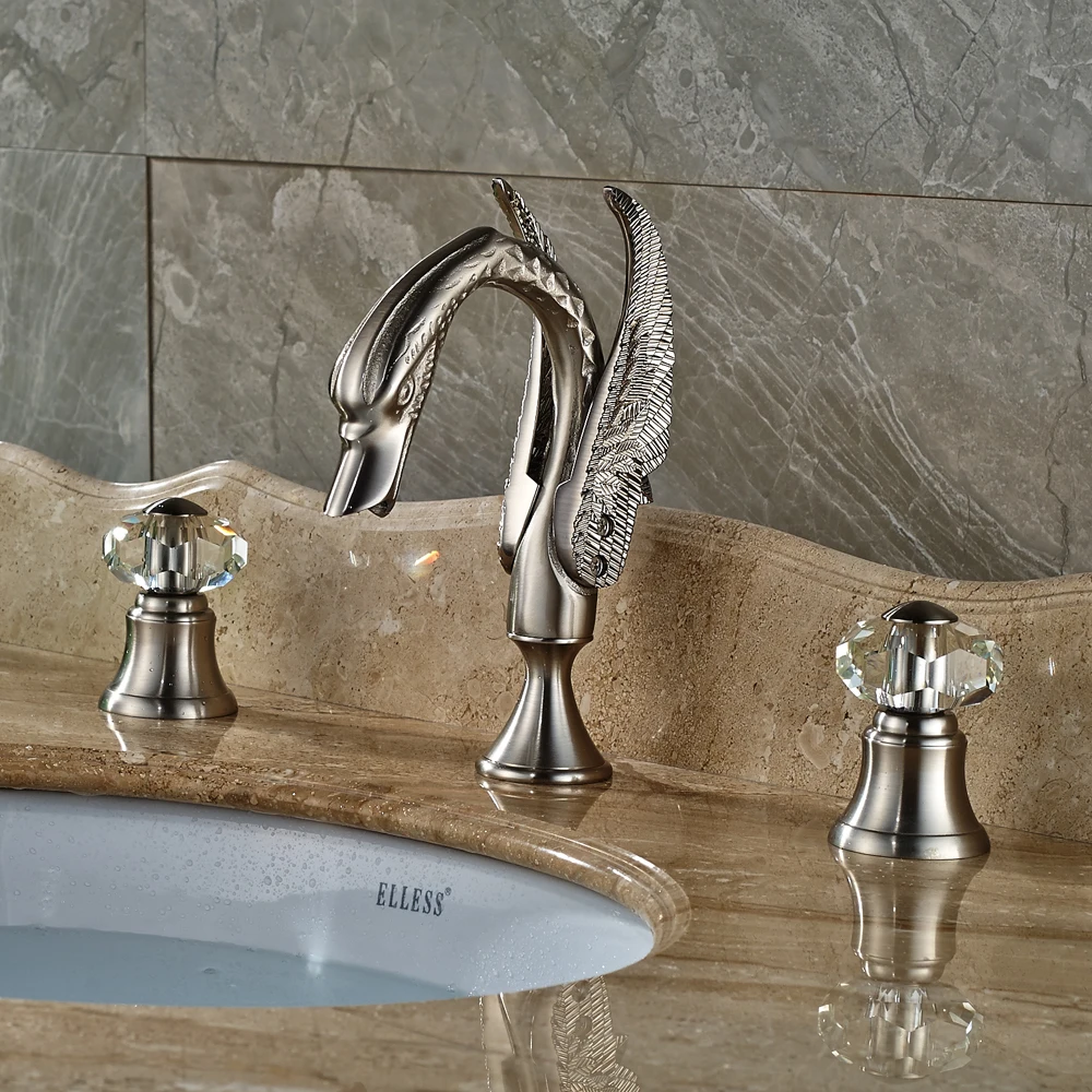 Nickel Brushed Deck Mounted Bathroom Sink Faucet Two Crystal Handles