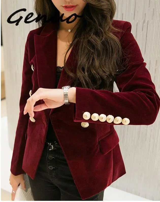 Genuo Quality New Fashion 2019 Designer Blazer Jacket Women's Metal Lion Buttons Double Breasted Blazer Outer Coat Size S-XXXL