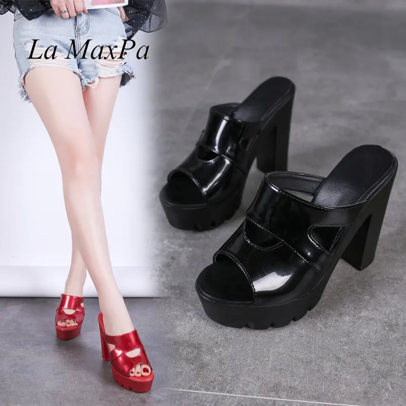 

Open Toe Block Heels Platform Shoes Woman Summer 2019 Patent Leather Slides High Heels Slippers Ladies Black zapatos de mujer