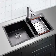 Kingbox руководство нержавеющая сталь воды корыто, двойной паз кухня xiancai раковины nano раковина ниже черный двойной паз