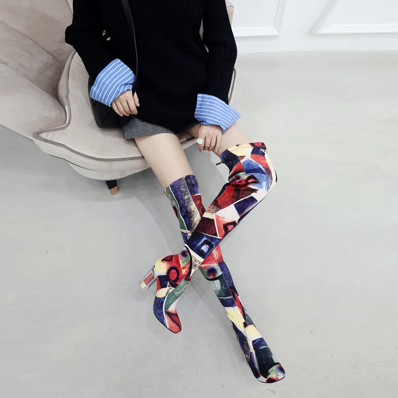 

Chic Women's Over Knee Boots Stretch Fabric Print Crystal Heel High Heels Shoes Mixed Color S8
