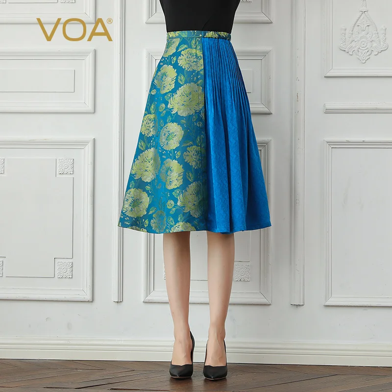 VOA Zijde Jacquard EEN Lijn Rokken Vrouwen Vallen Midi Plooirok Retro Blauwe Bloemenprint Hof Elegante Dames Grote Maat c633
