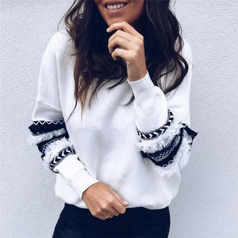 HOT sell sweaters fashion 2018 women Stripe Patchwork Long Sleeve Sweat shirt Pullover Shirt Tops Blouse Invierno O09#N (1)