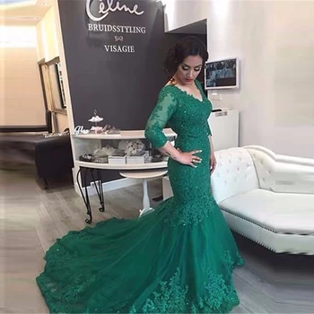 

Green Appliques Lace Mermaid Evening Prom Sexy V-Neck Backless Formal Dress for Wedding Party