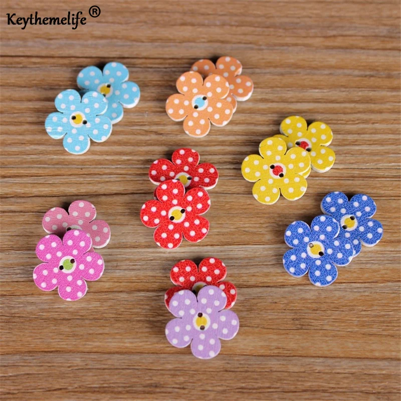 50pcs Flower Theme Wood Buttons For Sewing & Crafts - Multi-Color Round 2-Hole Buttons, Scrapbooking