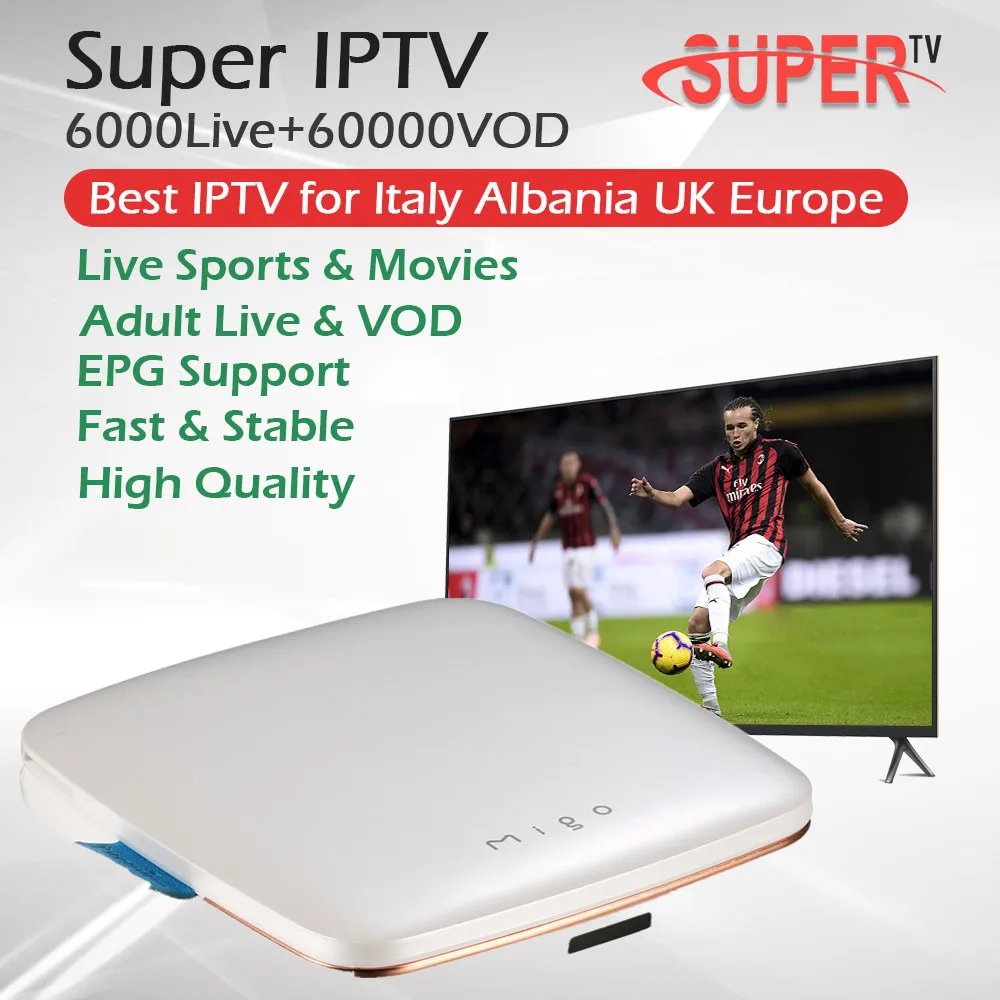 

Super IPTV MIGO Android TV Box Italian Albanian Germany Adult IPTV Subscription 1G/8G Quad-core Wifi 4k Media Player Set Top Box