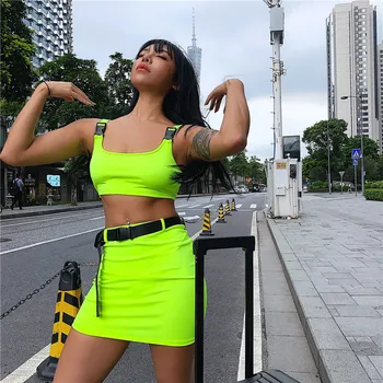 

Women 2 Pieces Sets Tank And Skirt With Belt Summer Ladies Neon Pink Sexy Buckle Shoulder Bralette Cropped Top Dress Suit Femme