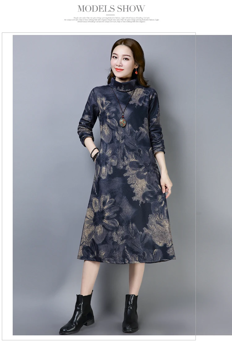 3601 Elegant Plus Size Long Dress 4xl for Women Vintage Turtleneck Thick Wool Floral Print Mon Winter Dresses Women 2018 Ladies 2