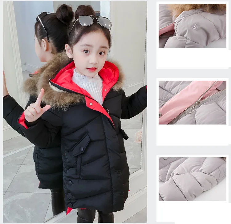 New 2018 Children Outwear Tops Winter Jacket For Girls Fashion Fur Hooded Thick Cotton-Padded Kids Long Coat Solid Parka Clothes (25)