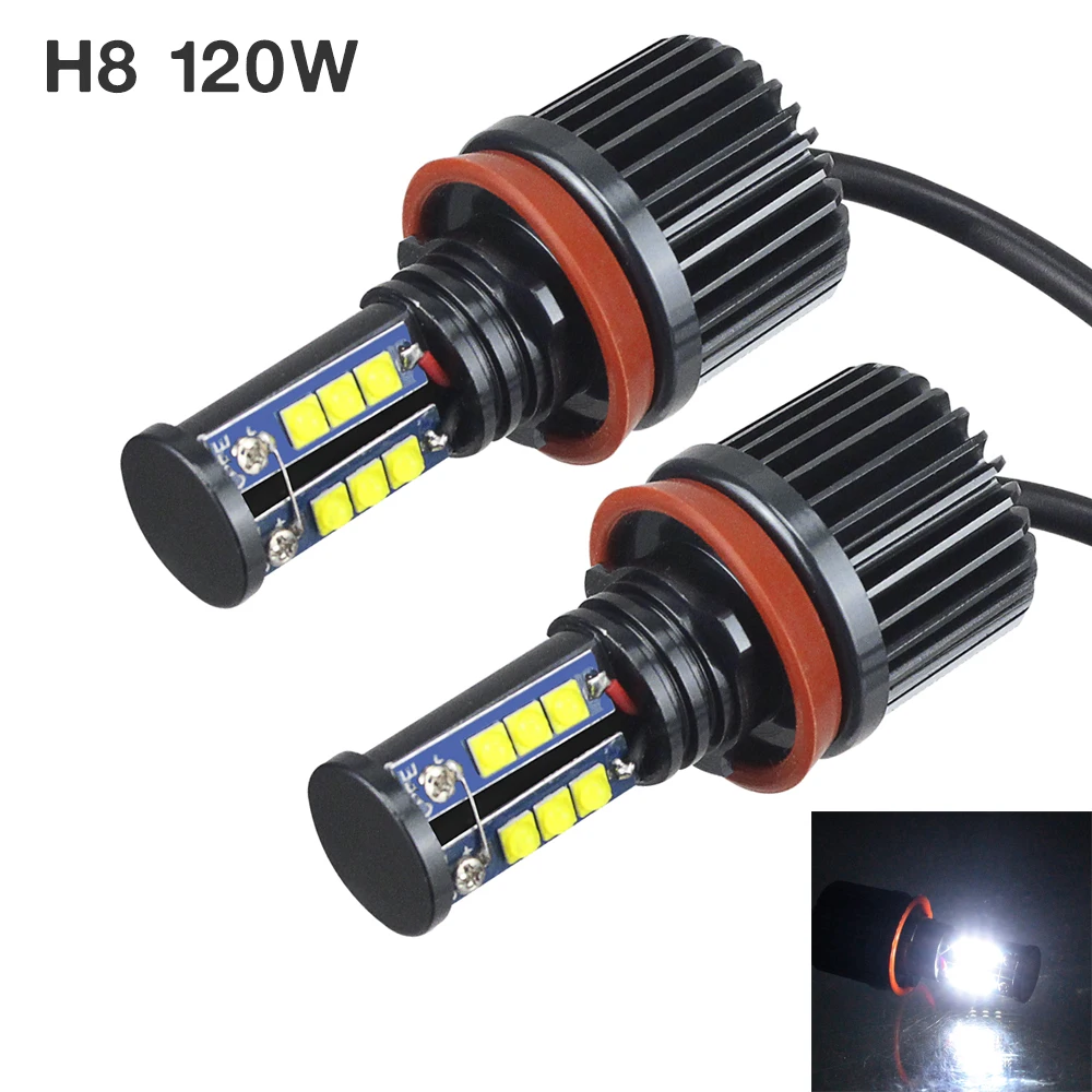 baratas Pcs 120 w H8 2 LEVOU Angel Eyes LED de Halo Anel Marcador Lâmpadas Luz Do Carro 6500 k 7500 k branco Erro Livre para BMW