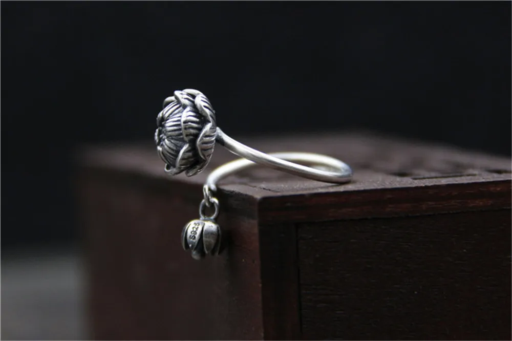 Подлинные 925 пробы серебряные женские винтажные Простые открытые кольца дизайн лотоса модные украшения для женщин кольцо с хвостом
