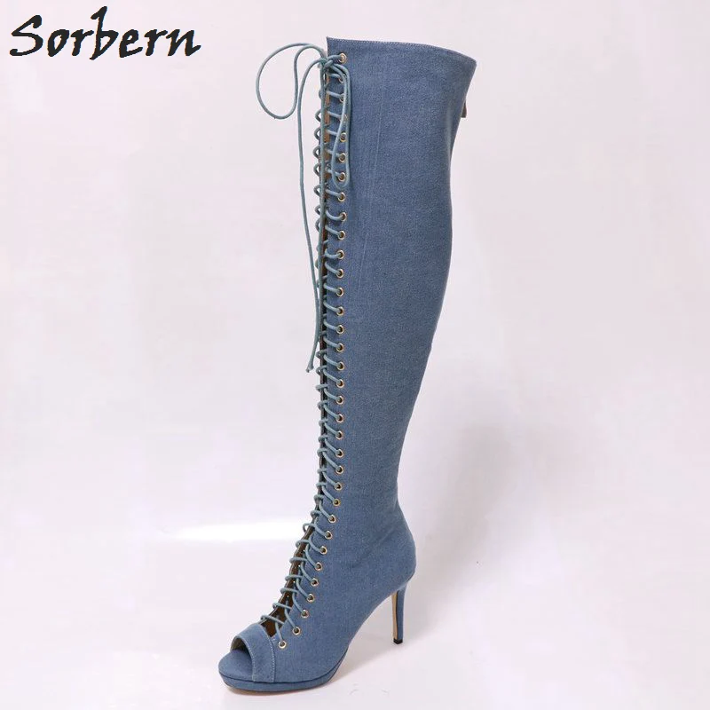 Aliexpress.com : Buy Sorbern Off Blue Denim Boots Women Over The Knee ...