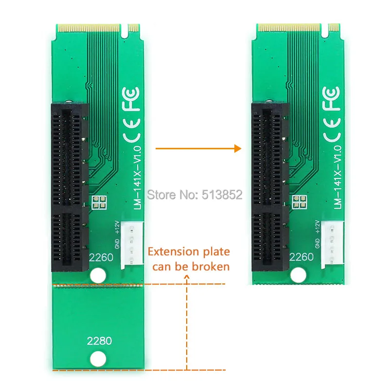 KPC1315_5_M2 to PCI-E 4X Slot Card Adapter NGFF (M.2) M Key Male to PCI Express X4 Slot Converter with Power Cable