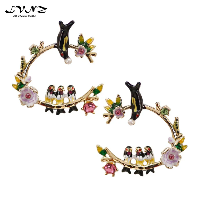 

LVNZ 2019 New Hot Fashion Flower Bird Feautiful 925 Needle Drop Earrings For Women Enamel Ethnic Style Jewelry 7063b