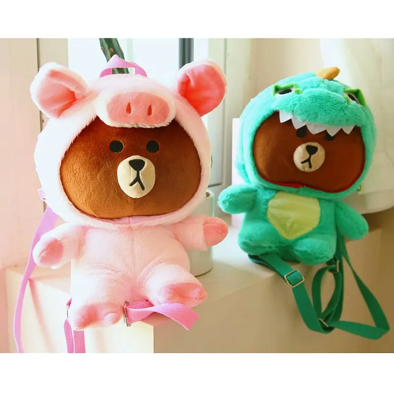 1pc plush dinosaur dressing Brown bear backpack cartoon Korea animal totor & pink Pig birthday gift toys for children/kids