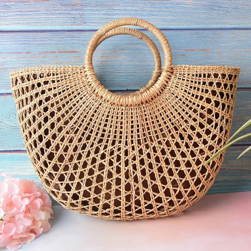 

Big Summer Rattan Handbags Bohemia Handmade Bali Women Circle Straw Bags Lady Purse Khaki Handles Round Women's Beach Bag
