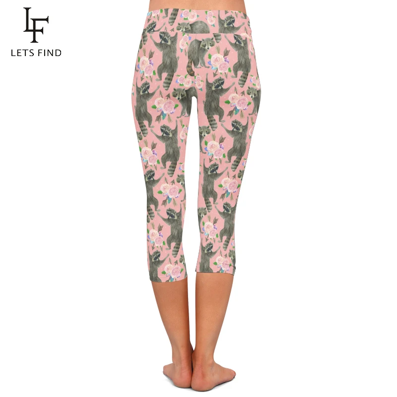 Letsfind Новое поступление 3D мультфильм енот и цветы печать розовые брюки женские удобные Капри Леггинсы Высокая талия плюс размер