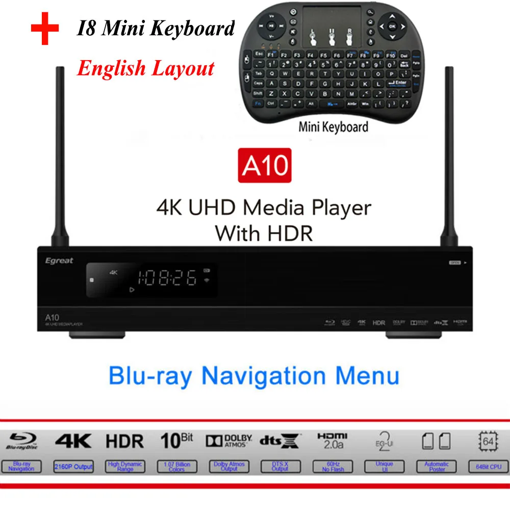 Egreat A10 4K UHD Smart Android tv Box медиаплеер Hi3798CV200 16 Гб AC wifi гигабитная LAN HDR10 Blu-Ray 3D Dolby ATOMS DTS VIDON - Цвет: A10 N I8 English