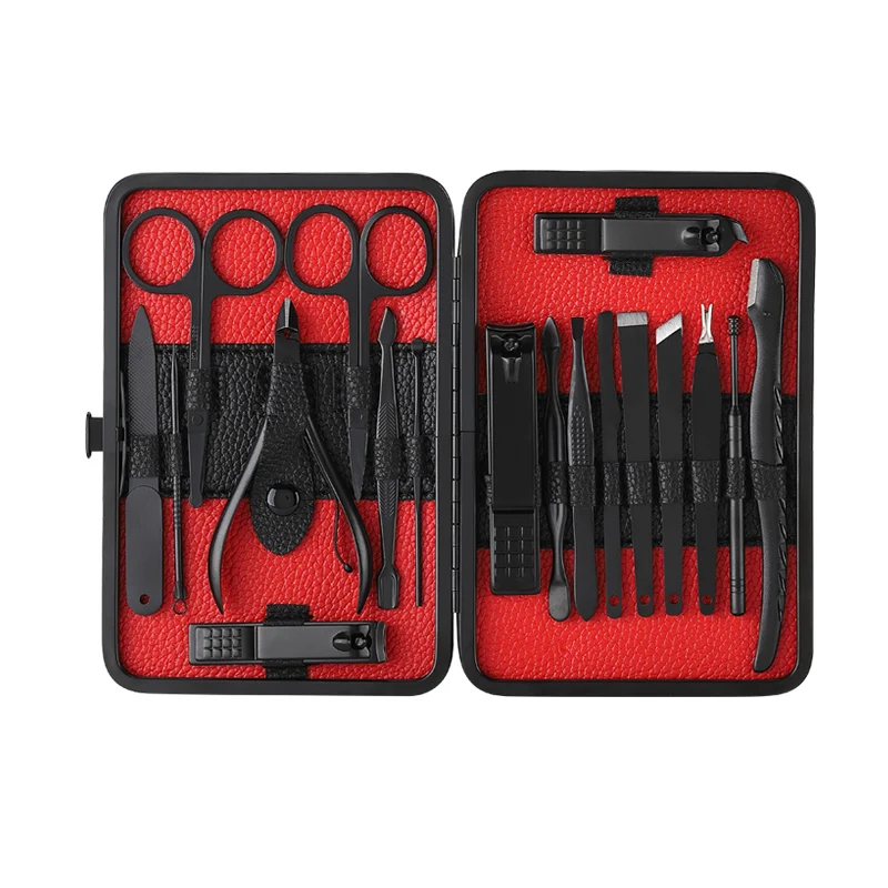  Manicure Set Nail Clippers Kit Pedicure Care Tools Black Men Grooming Kit 18Pcs With Black PU Leath