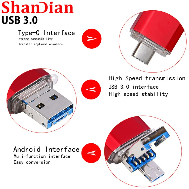 SHANDIAN OTG 3 в 1 взаимный обмен данными между компьютером и периферийными устройствами флэш-накопители USB3.0& Тип type-C и Micro USB 128 Гб 64 ГБ 32 ГБ оперативной памяти, 16 Гб встроенной памяти, 8 ГБ 4 ГБ на флэшке, двойной флеш-накопитель USB пользовательских