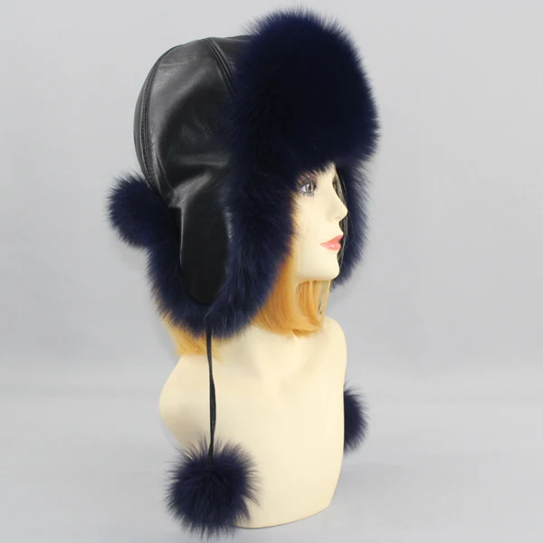 Hot Sell Genuine Fox Fur Hats Genuine Raccoon Fox Fur Russian Ushanka Cap Winter Quality Thick Warm Fox Fur Bomber Hat - Color: Color 3