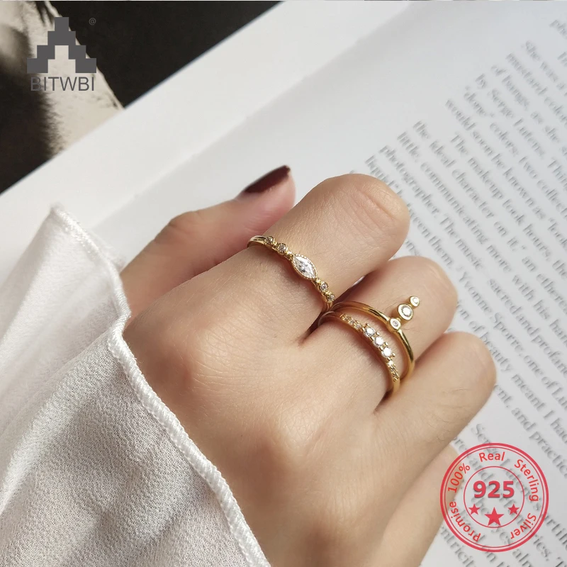 

New Design 925 Sterling Silver Creative Mix Personality Gold Zircon Open Flexible Ring Fine Jewelry for Women